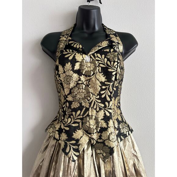 Vintage 80s Gunne Sax Metallic Brocade Halter Ball Gown Holiday Formal Size 3/4 - Picture 2 of 11